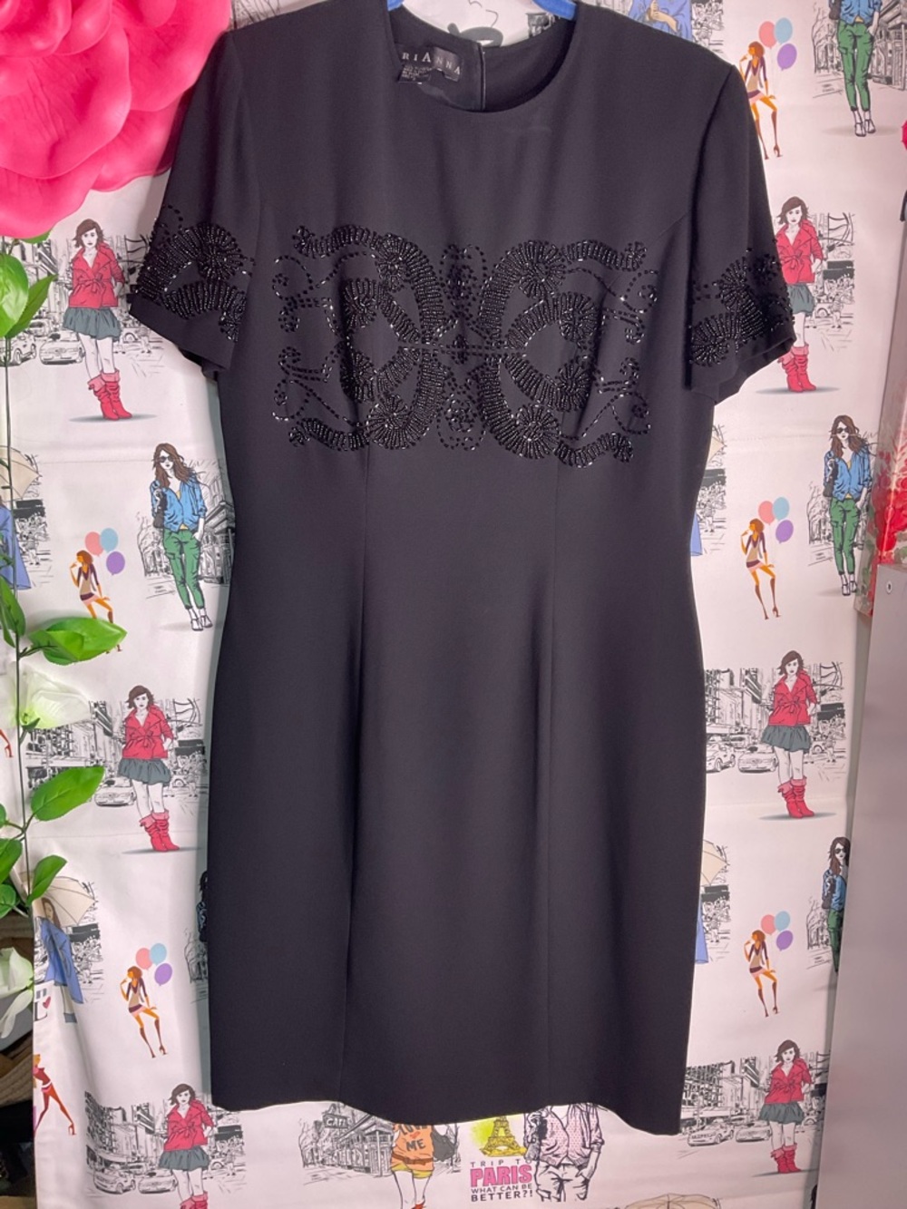 Vintage Brianna  Black Beaded Short Sleeve Mini Dress
